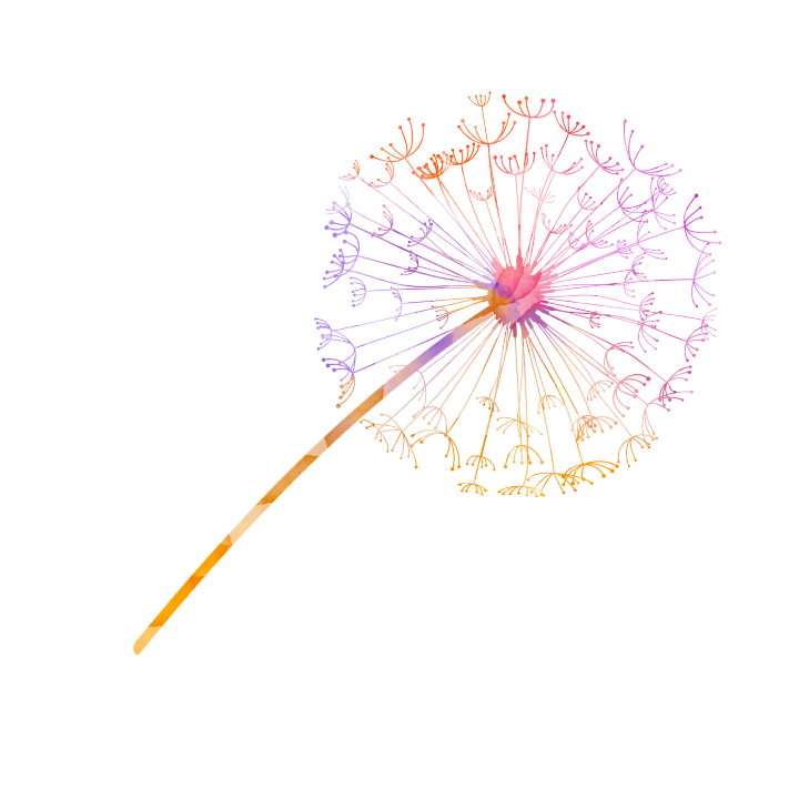 Logo HyperEssenti'Elles : un pissenlit coloré aux nuances violettes, roses et orangées symbolisant la sensibilité, la légèreté et la transformation, accompagné du nom de la marque écrit en lettres manuscrites.